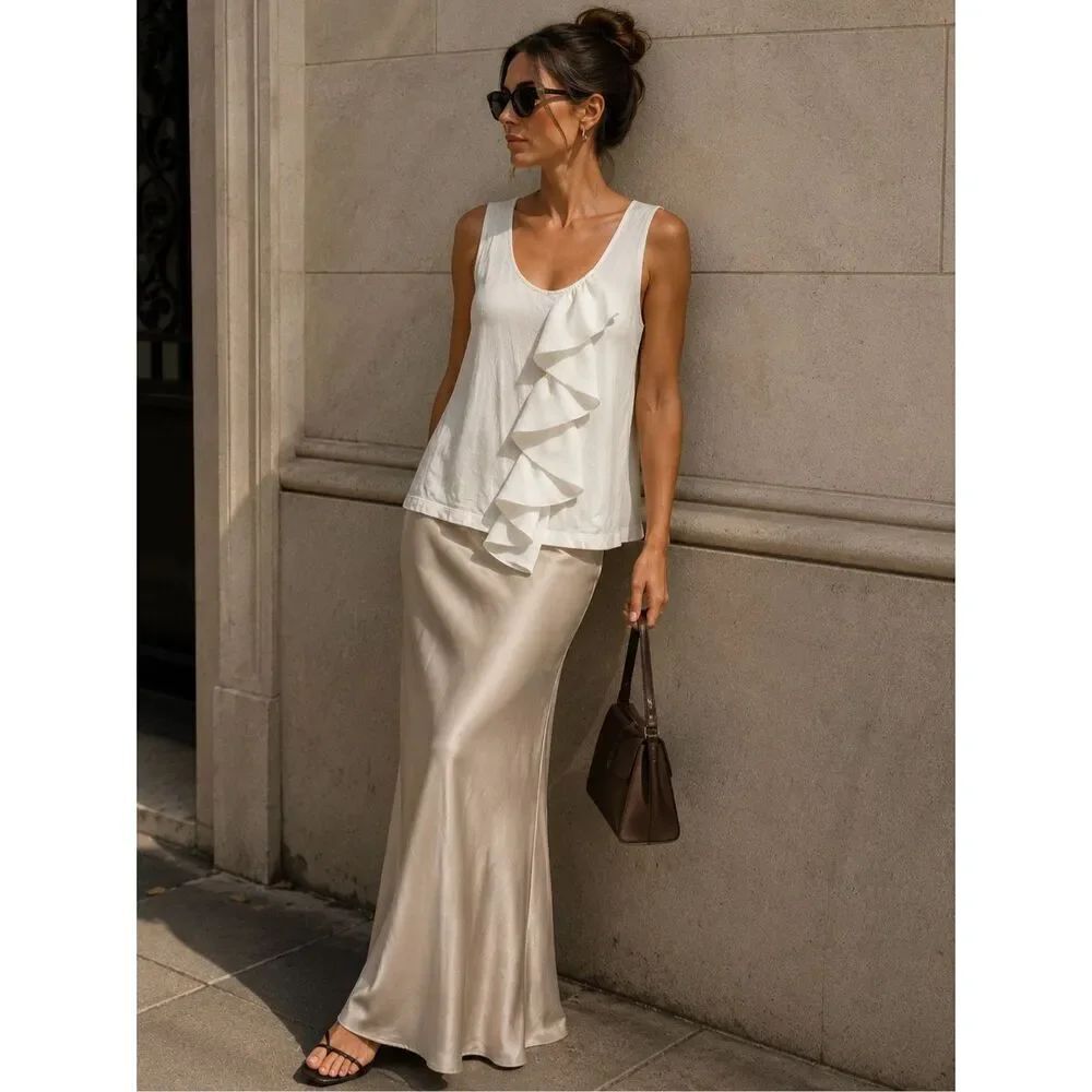 Cableā& Gauge White Sleeveless Ruffle Front Tank Top Blouse Womenās XL Soft